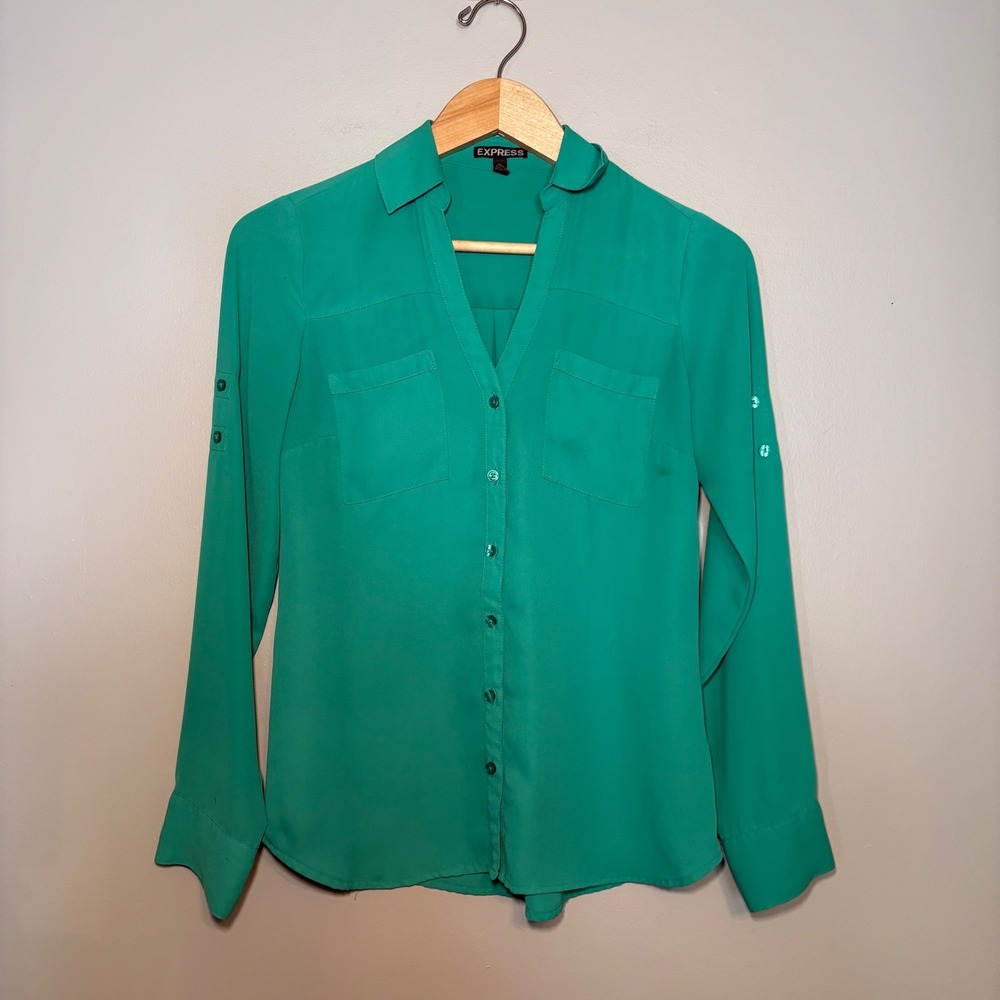 Express Portofino Shirt Womens XS Emerald Green Roll Tab Sleeve Button Up Blouse